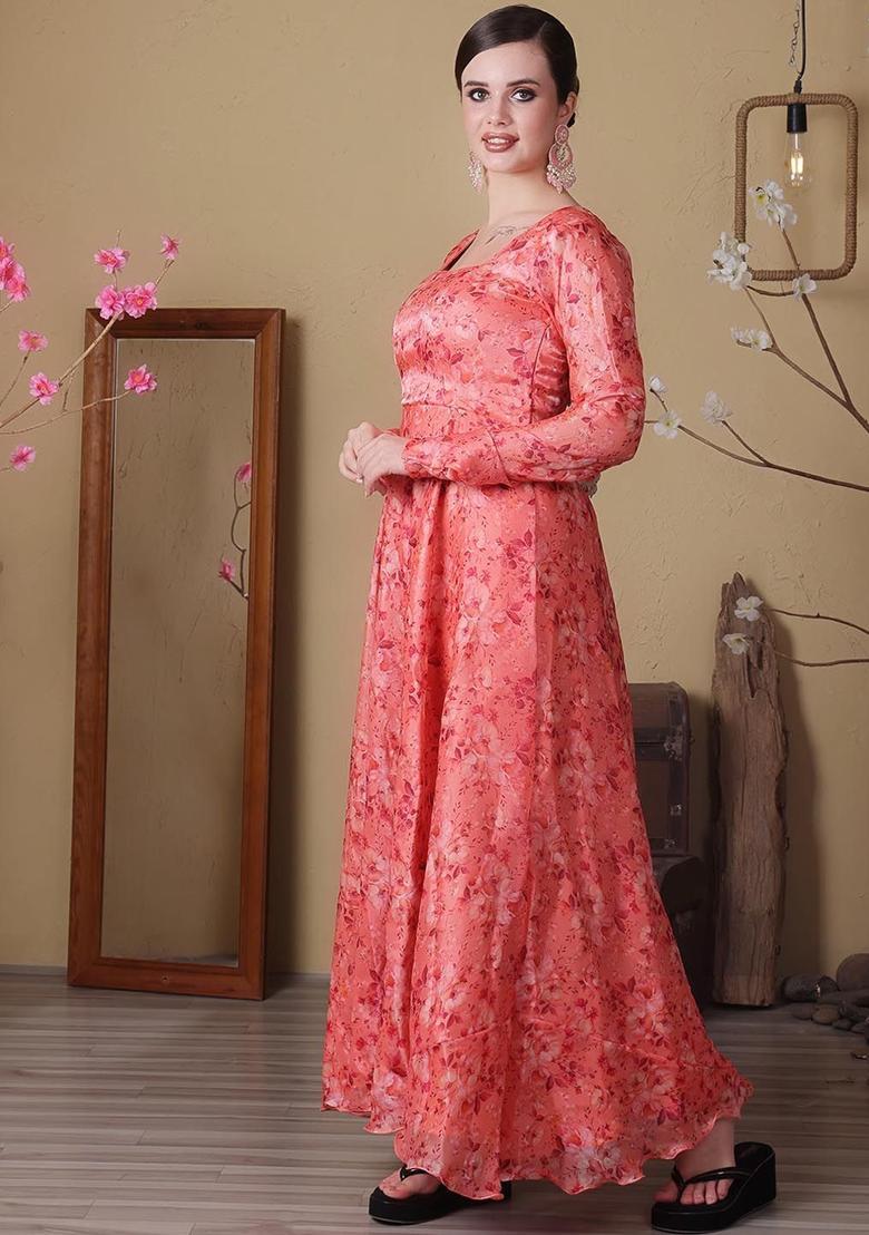 Peach Printed Silk Blend Anarkli Sets - Indya