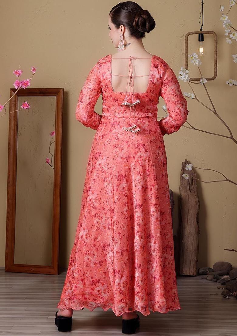 Peach Printed Silk Blend Anarkli Sets - Indya