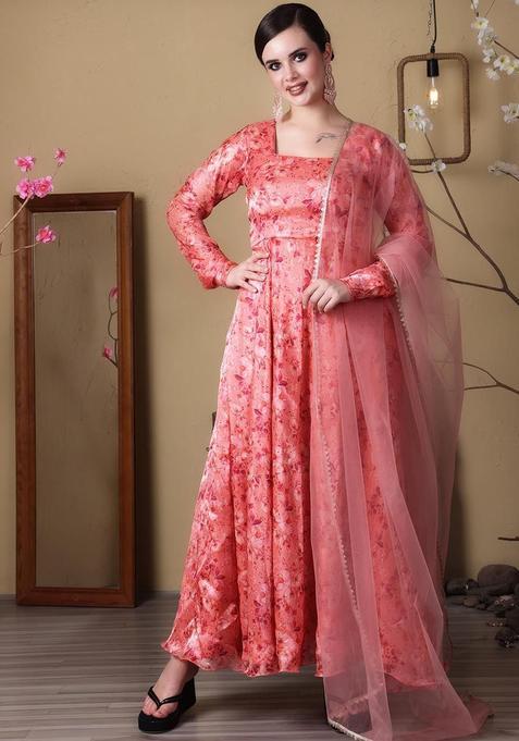 Peach Printed Silk Blend Anarkli Sets