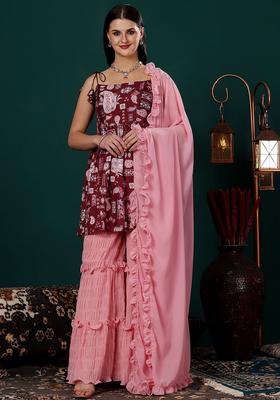 Maroon Printed Silk Blend Kurta Sets