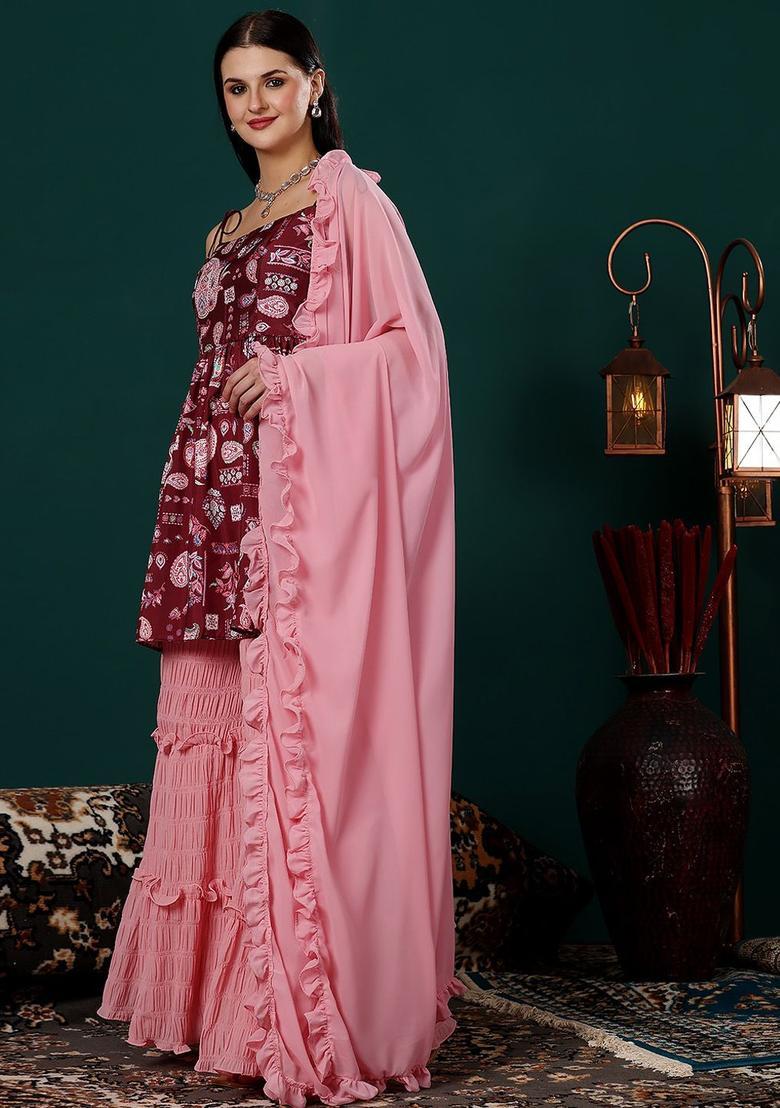 Maroon Printed Silk Blend Kurta Sets - Indya