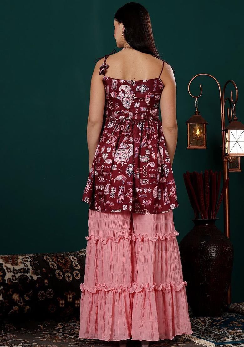 Maroon Printed Silk Blend Kurta Sets - Indya