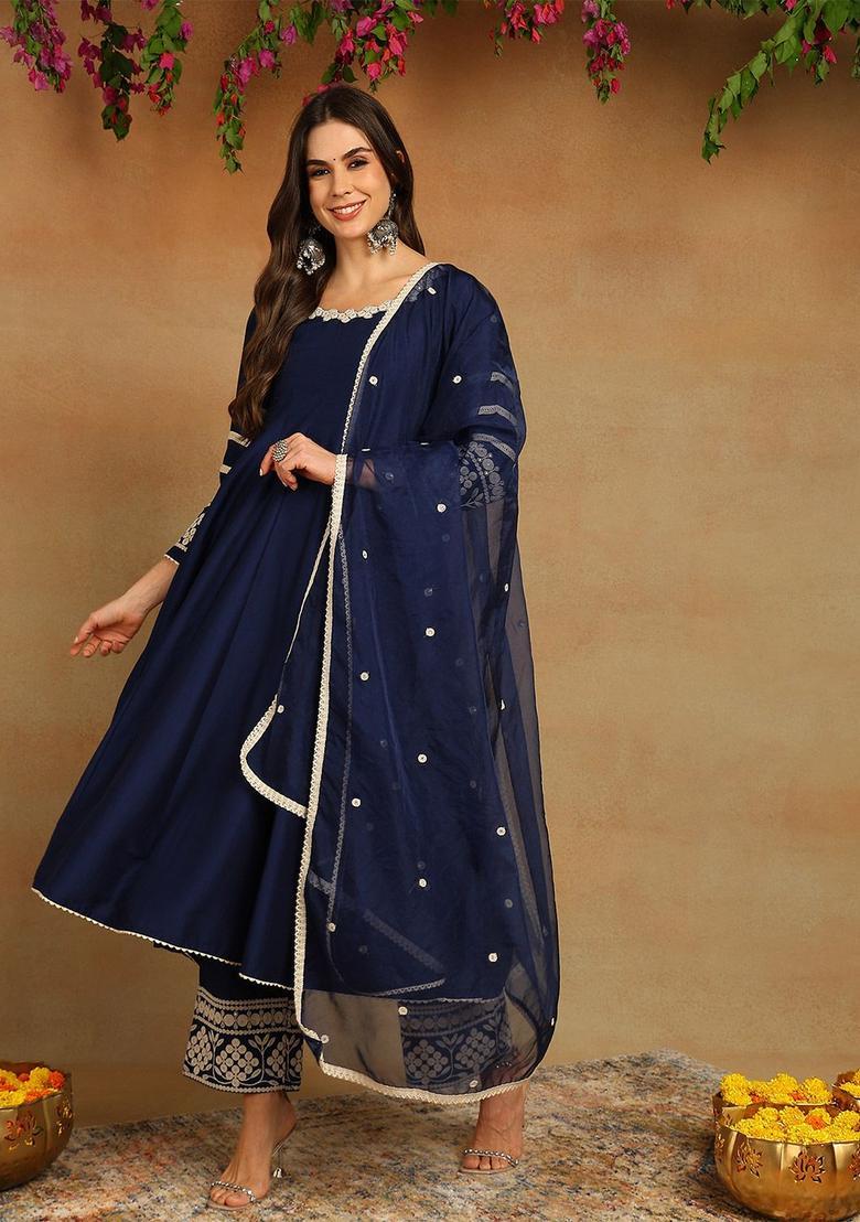 Navy Blue Embroidered Silk Blend Anarkli Sets - Indya