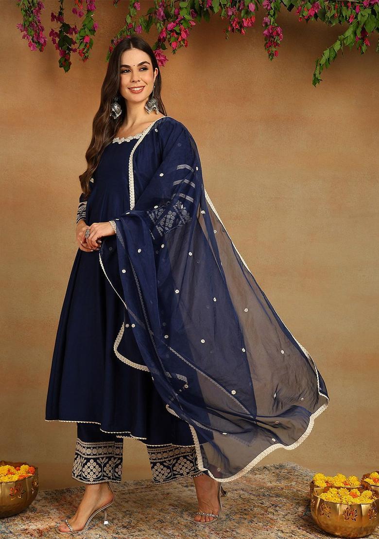 Navy Blue Embroidered Silk Blend Anarkli Sets - Indya