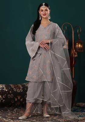 Grey Embroidered Silk Blend Kurta Sets