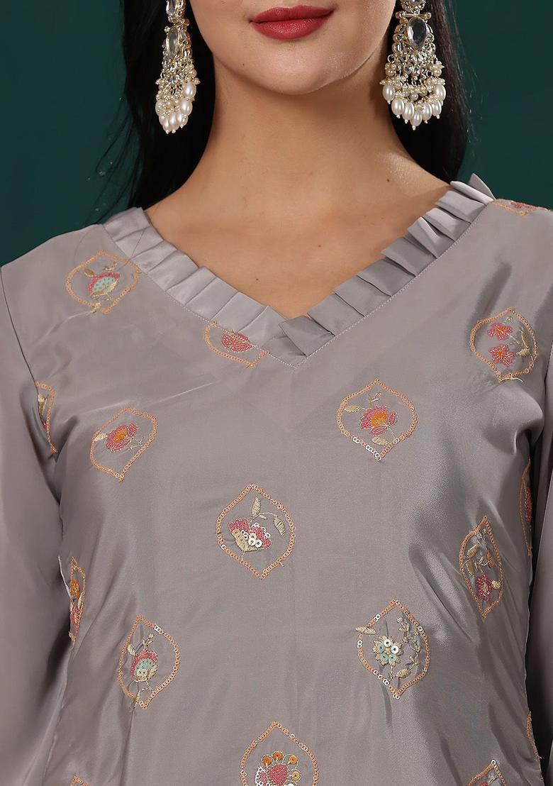 Grey Embroidered Silk Blend Kurta Sets - Indya
