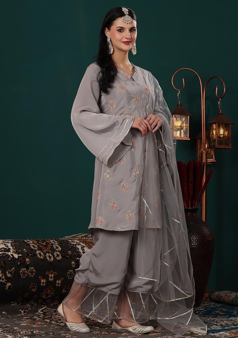 Grey Embroidered Silk Blend Kurta Sets - Indya