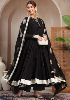 Black Embroidered Cotton Anarkli Sets