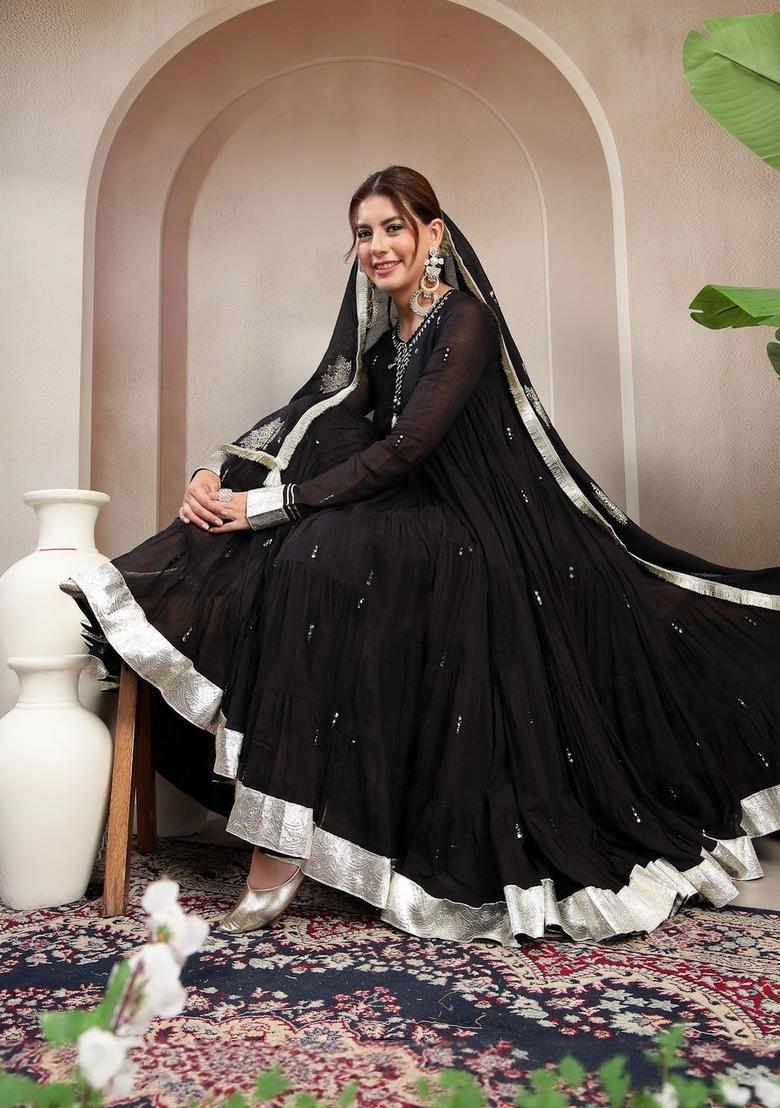 Black Embroidered Cotton Anarkli Sets - Indya
