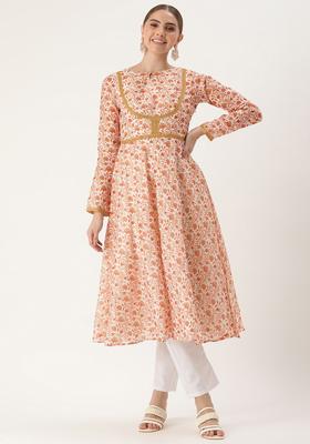 White Printed Silk Blend Anarkli Sets