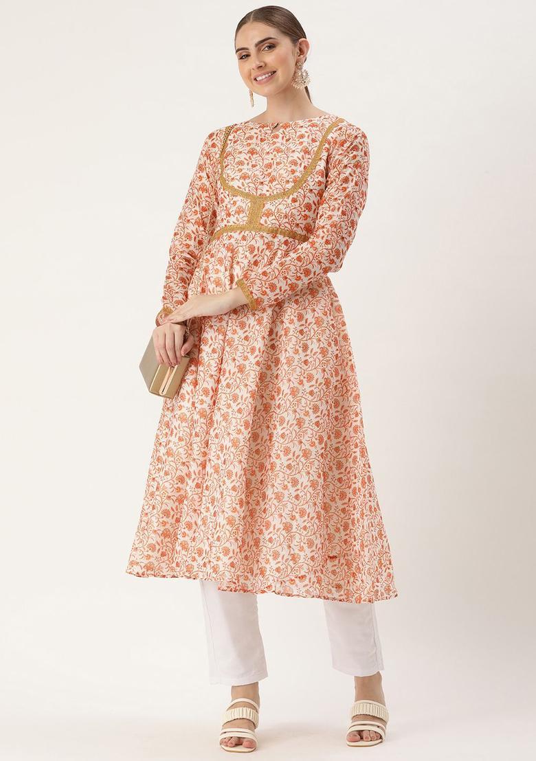 White Printed Silk Blend Anarkli Sets - Indya