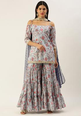 Blue Printed Silk Blend Kurta Sets