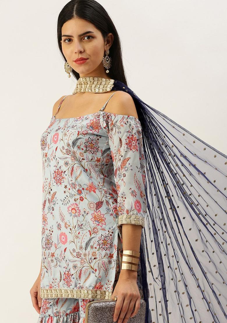 Blue Printed Silk Blend Kurta Sets - Indya