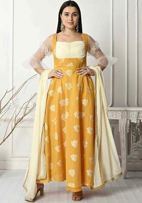 Mustard Woven Design Silk Blend Kurta Sets