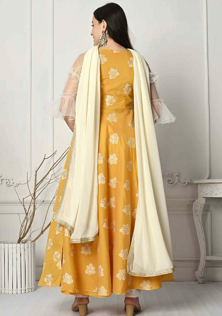 Mustard Woven Design Silk Blend Kurta Sets - Indya