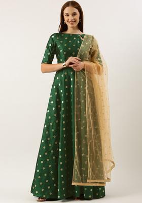 Green Printed Polyester Anarkli Sets