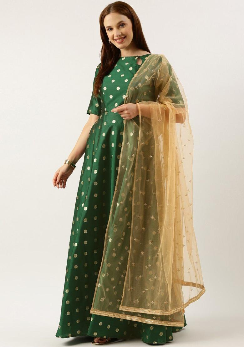 Green Printed Polyester Anarkli Sets - Indya