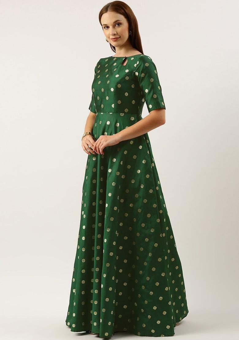 Green Printed Polyester Anarkli Sets - Indya