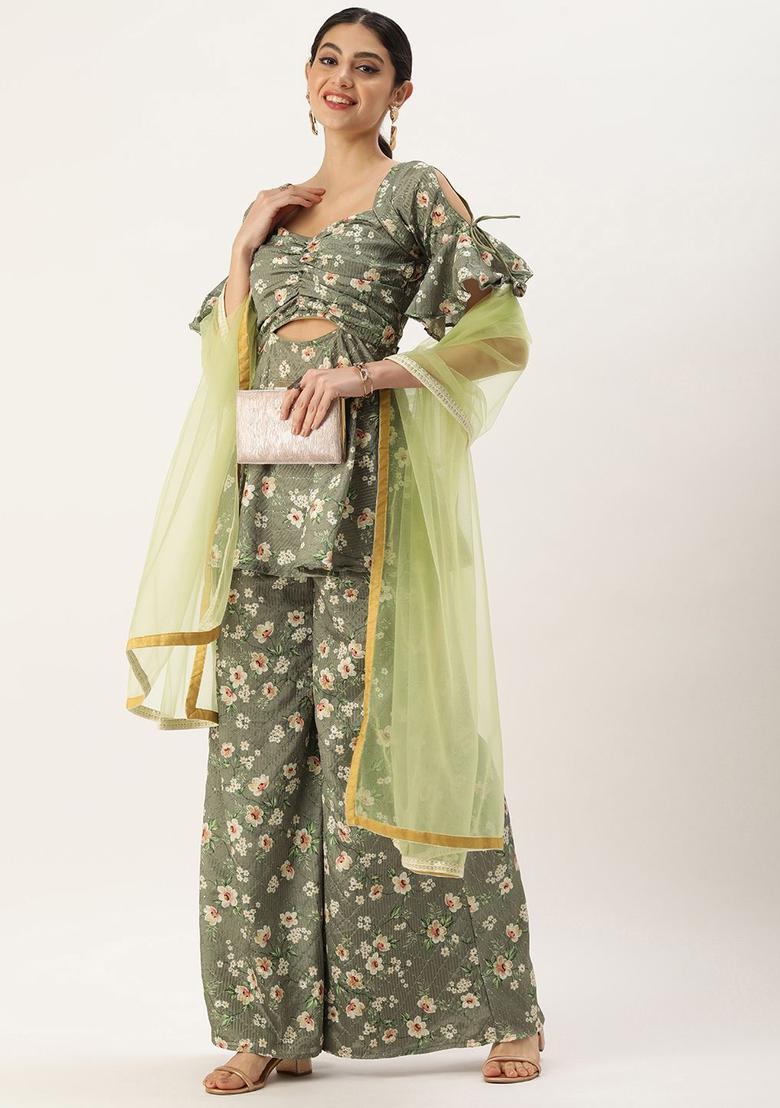 Green Printed Georgette Kurta Sets - Indya