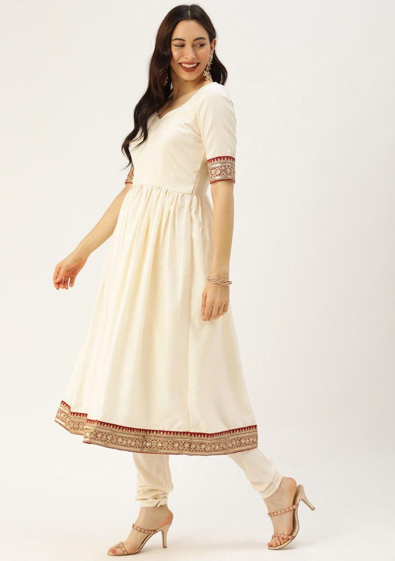 Off White Solid Satin Anarkli Sets - Indya