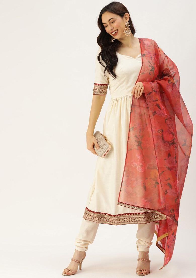 Off White Solid Satin Anarkli Sets - Indya
