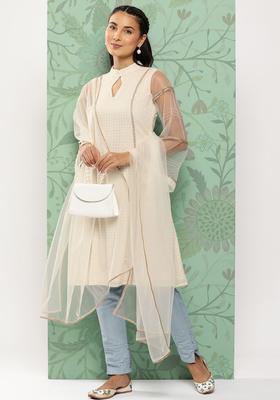White Woven Design Viscose Kurta Sets