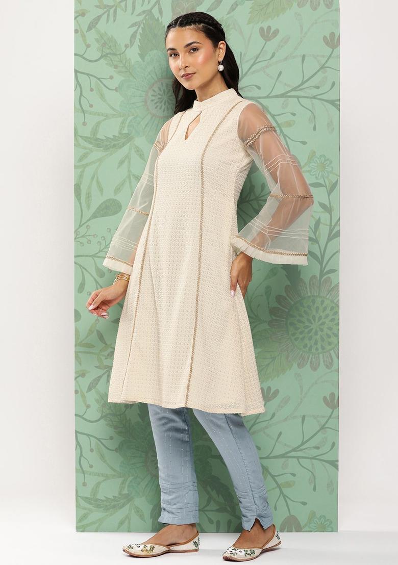 White Woven Design Viscose Kurta Sets - Indya