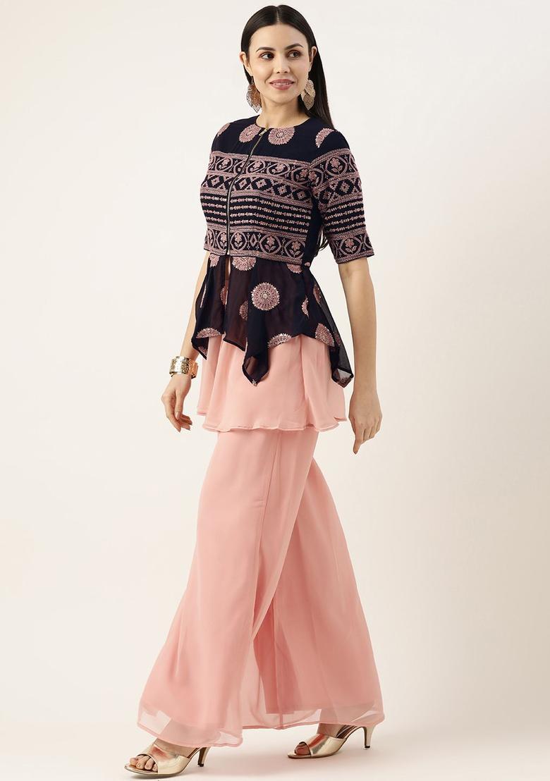 Navy Blue Embroidered Georgette Kurta Sets - Indya