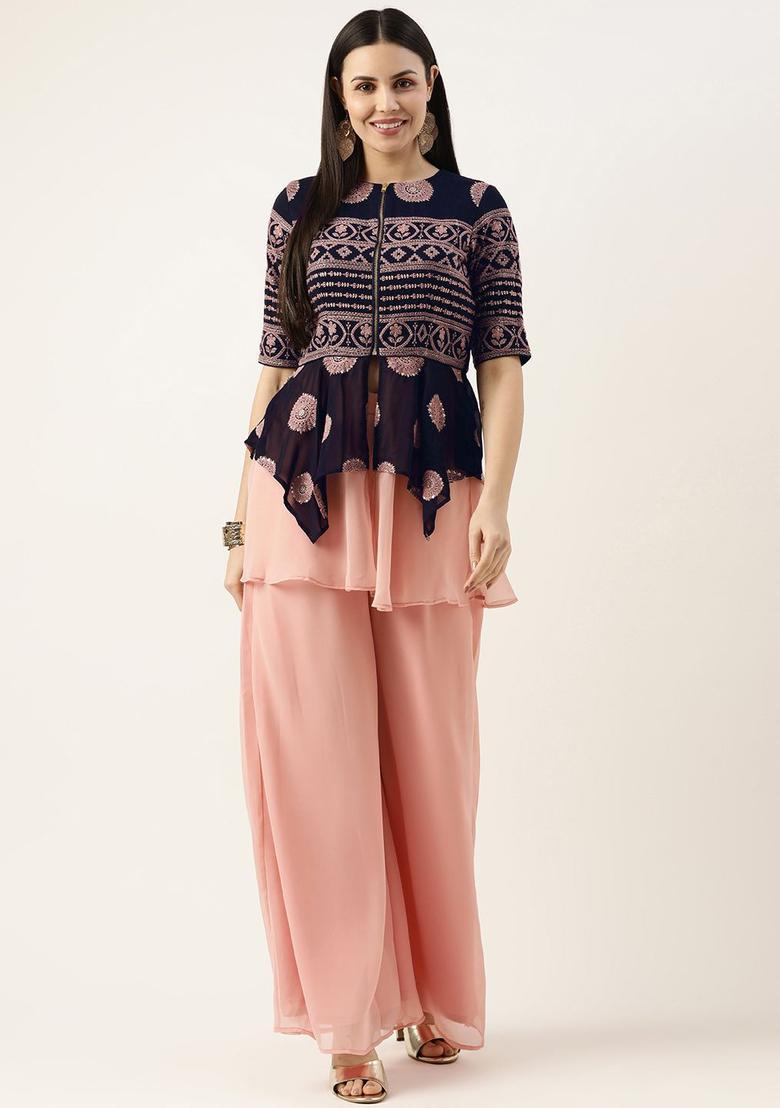 Navy Blue Embroidered Georgette Kurta Sets - Indya