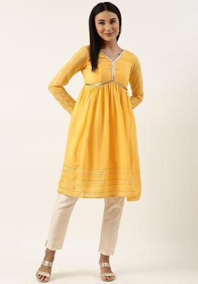 Yellow Embroidered Polyester Kurta Sets