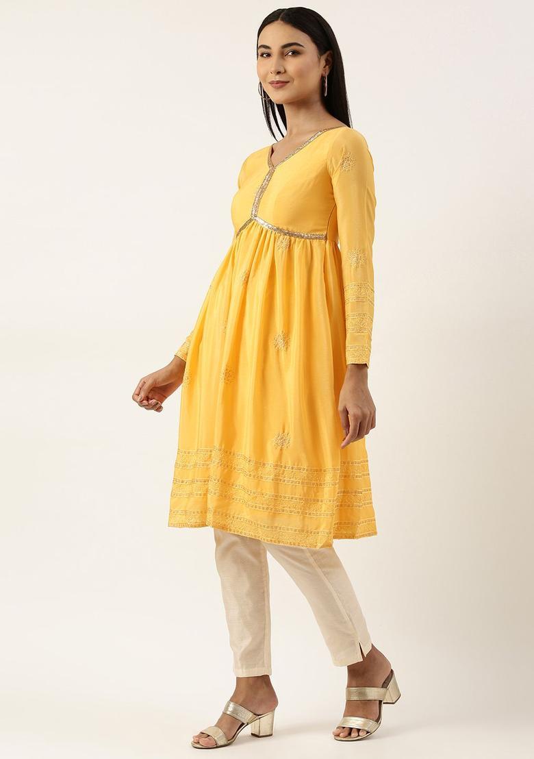 Yellow Embroidered Polyester Kurta Sets - Indya