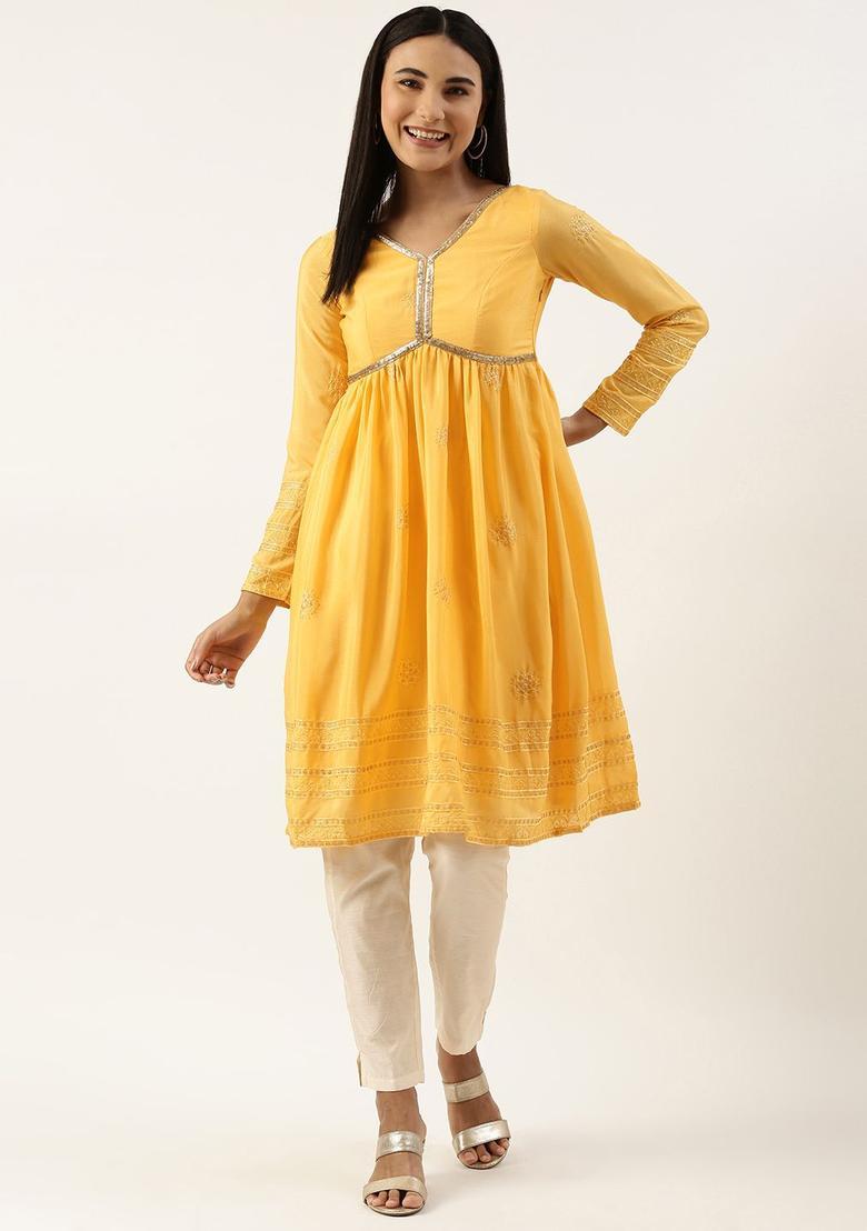 Yellow Embroidered Polyester Kurta Sets - Indya