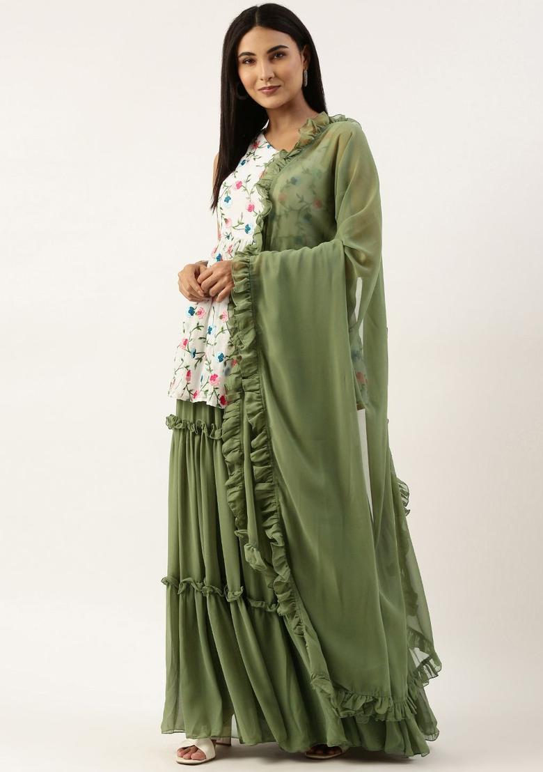 White Embroidered Georgette Kurta Sets - Indya