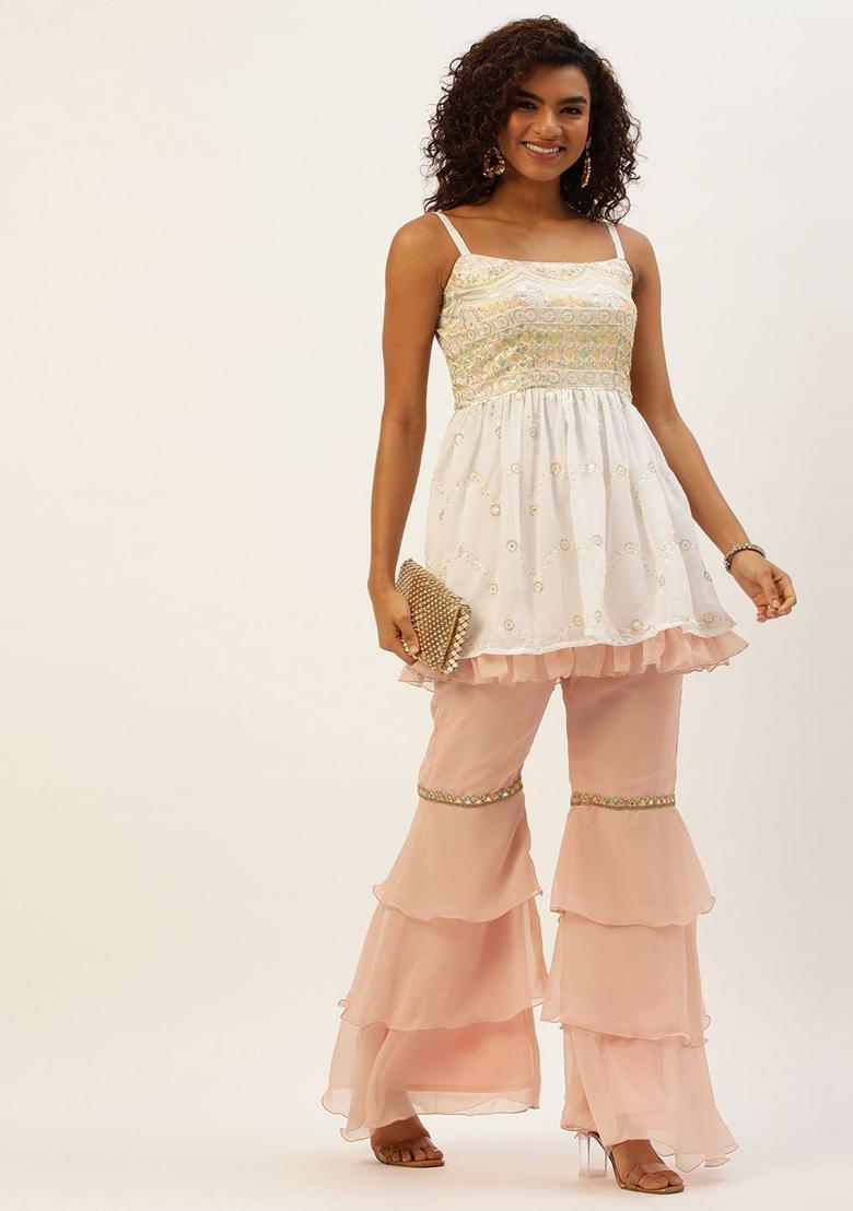 White Embroidered Georgette Kurta Sets - Indya