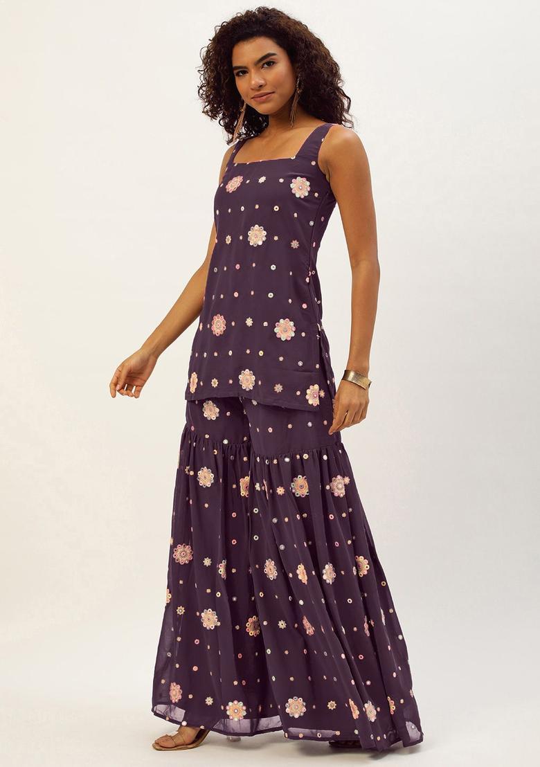 Magenta Embroidered Georgette Kurta Sets - Indya
