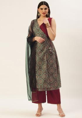 Maroon Woven Design Silk Blend Kurta Sets