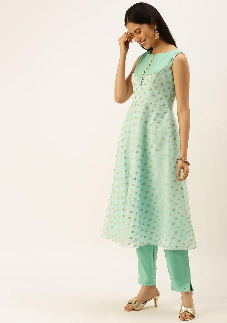 Green Printed Organza Kurta Sets - Indya