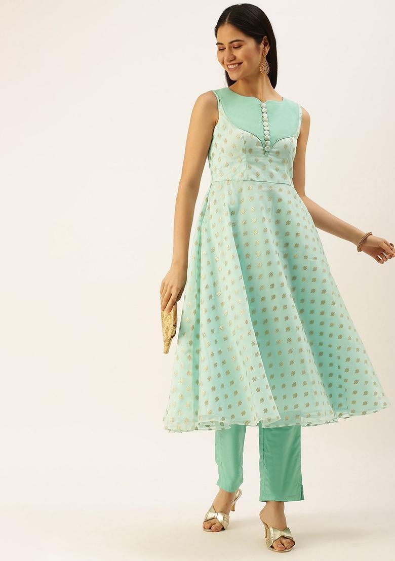 Green Printed Organza Kurta Sets - Indya