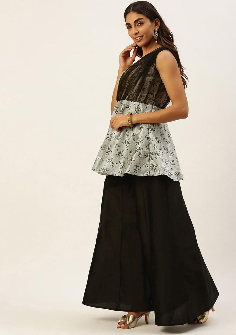 Off White Printed Silk Blend Anarkli Sets - Indya