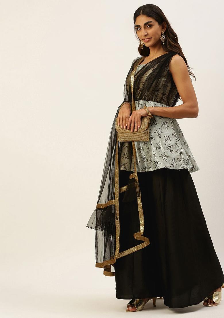 Off White Printed Silk Blend Anarkli Sets - Indya