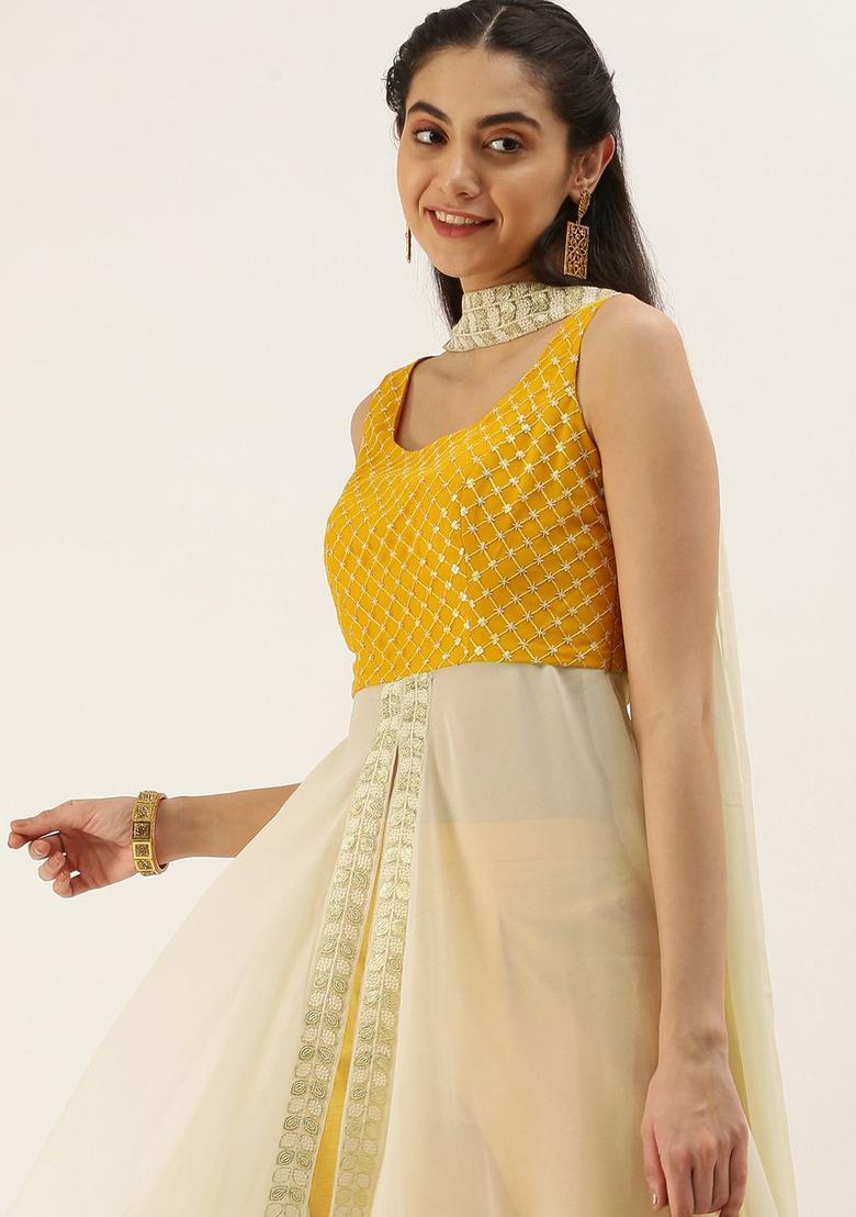 Off White Embroidered Georgette Kurta Sets - Indya