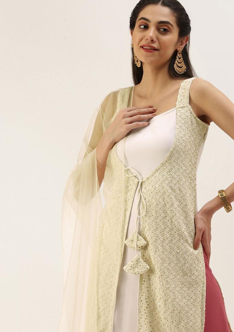 White Embroidered Georgette Kurta Sets - Indya