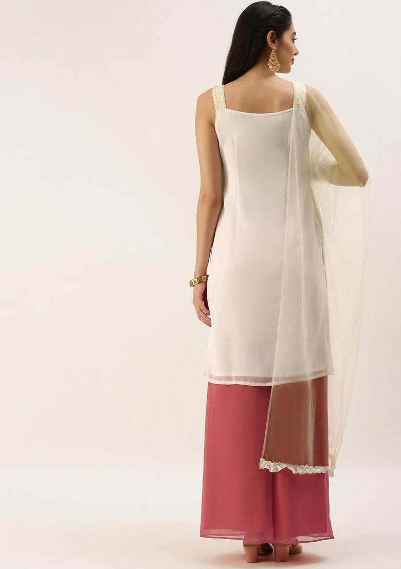 White Embroidered Georgette Kurta Sets - Indya