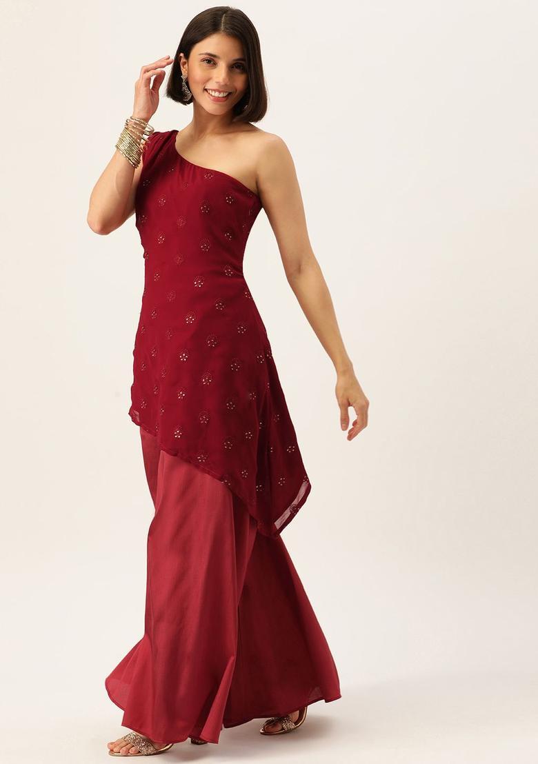 Maroon Embroidered Georgette Kurta Sets - Indya