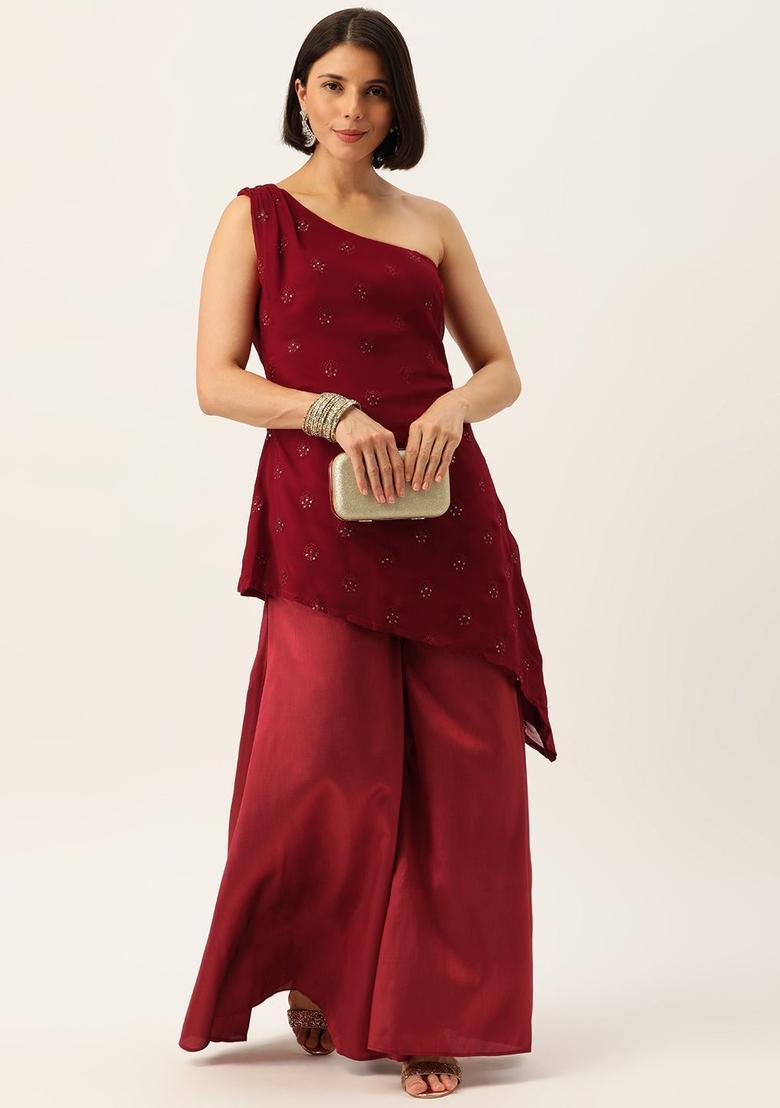 Maroon Embroidered Georgette Kurta Sets - Indya