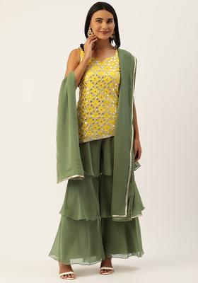 Mustard Embroidered Viscose Kurta Sets