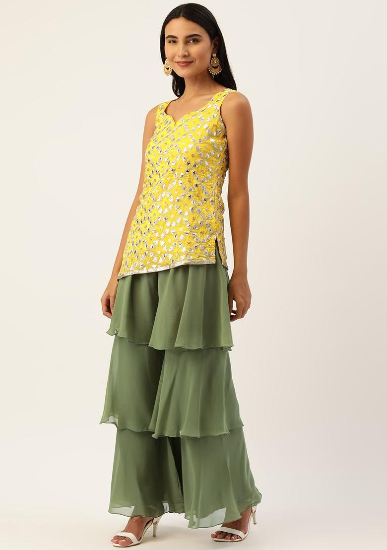 Mustard Embroidered Viscose Kurta Sets - Indya