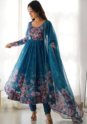 Sea Green Printed Silk Blend Anarkli Sets
