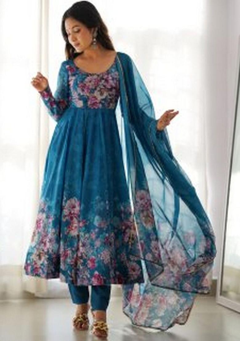 Sea Green Printed Silk Blend Anarkli Sets - Indya