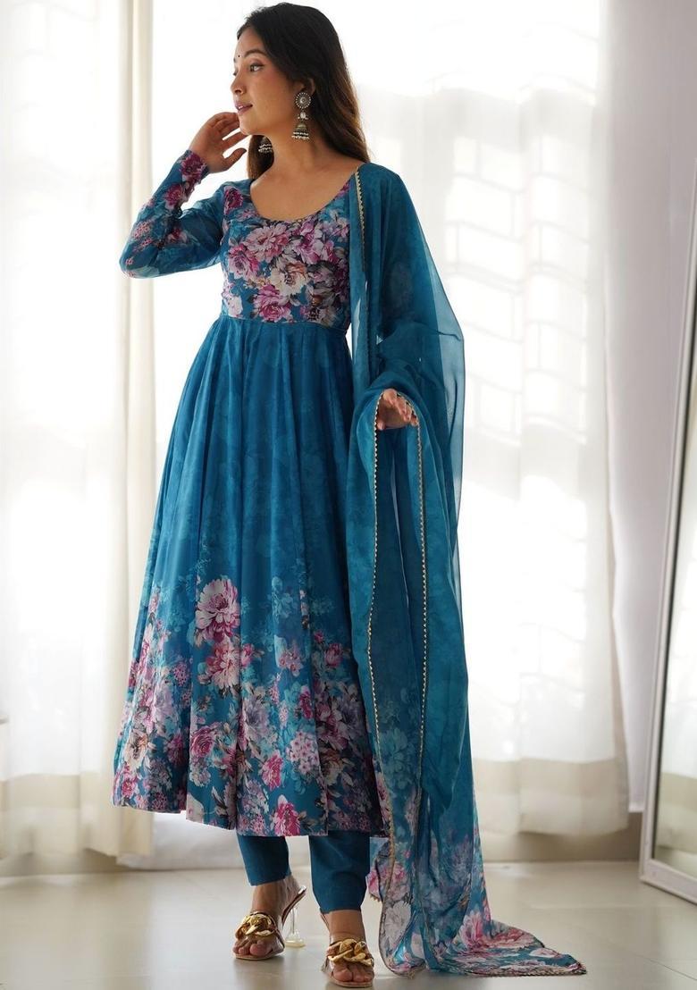 Sea Green Printed Silk Blend Anarkli Sets - Indya